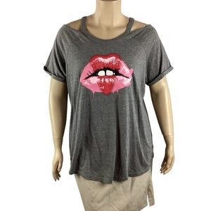 Torrid Gray Lips Graphic Cold Shoulder T-Shirt 2X Soft Stretch